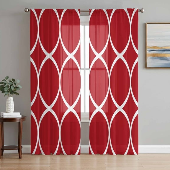 Red Abstract Semi Sheer Curtains 84 Inch Length 2 Panels Set, Modern White Geometric Twisted Art Sheer Kitchen Curtain Privacy Voile Window Curtain for Living Room Bedroom Rod Pocket Drapes
