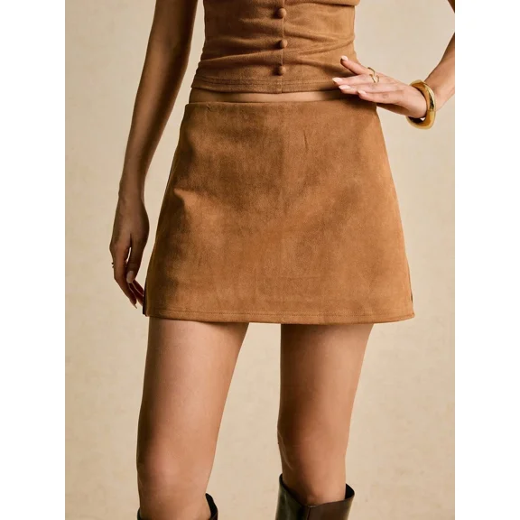 Brown Suede-Texture A-Line Skort With Button-Up Top Set Casual Mini Skort
