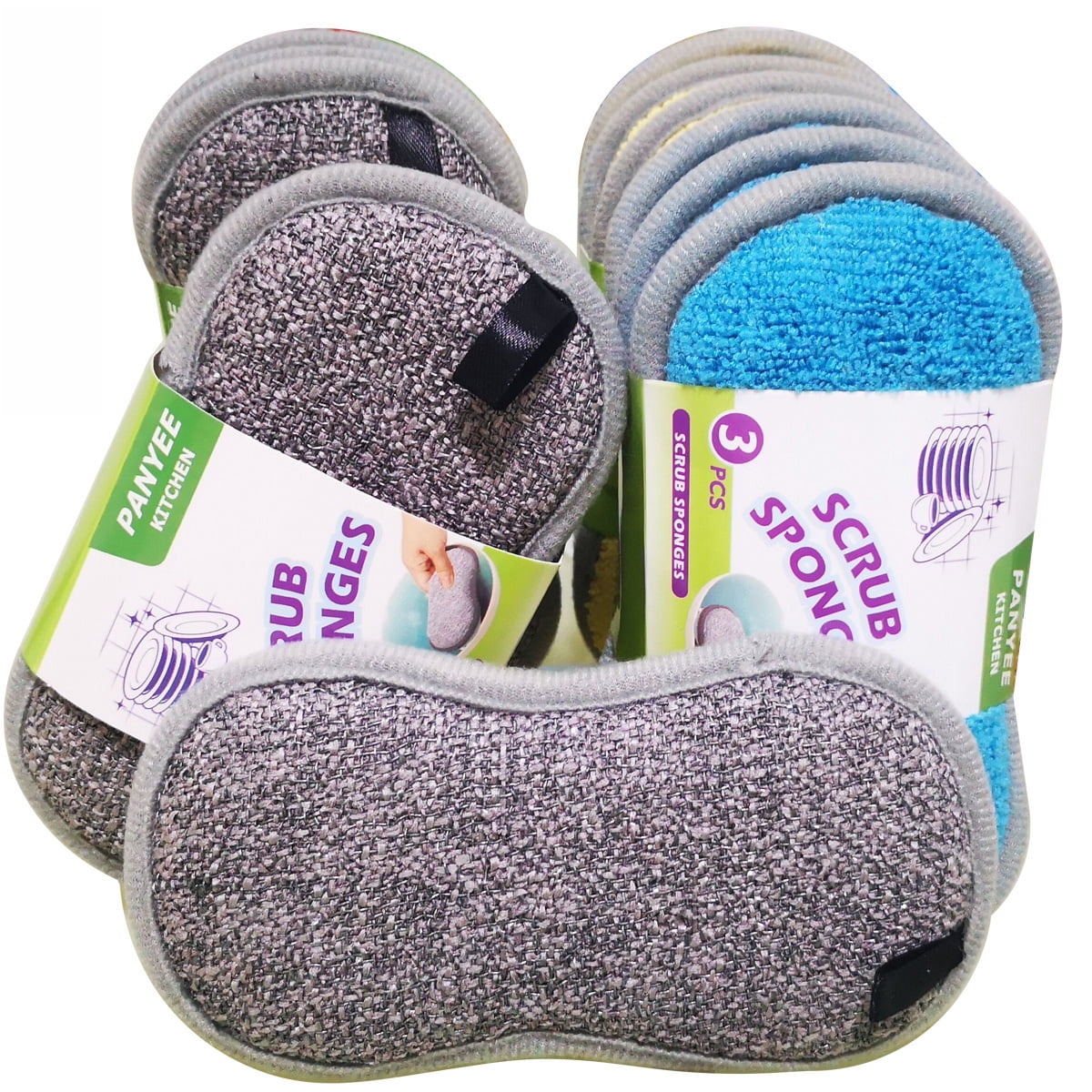 Durable Scrub Scouring Sponge Pad,Non-Scratch Microfiber Reuseable Sponges Along with Heavy Duty Scrubber for Kitchen Cleaning Dishes and Pots-12Pack