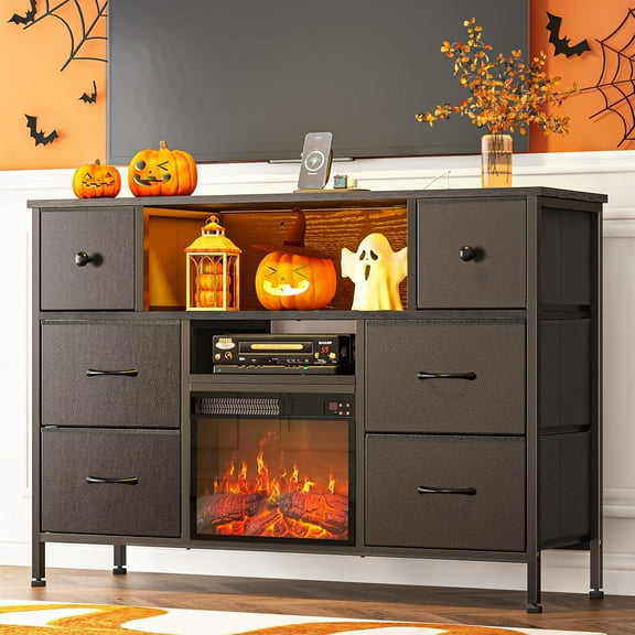 YGEOMER TV Stand with Fireplace, Entertainment Center with Power Outlets and LED Lights, TV Stand Dresser for 50 inch TV, 6 Drawers with Open Shelves, for Living Room, Black