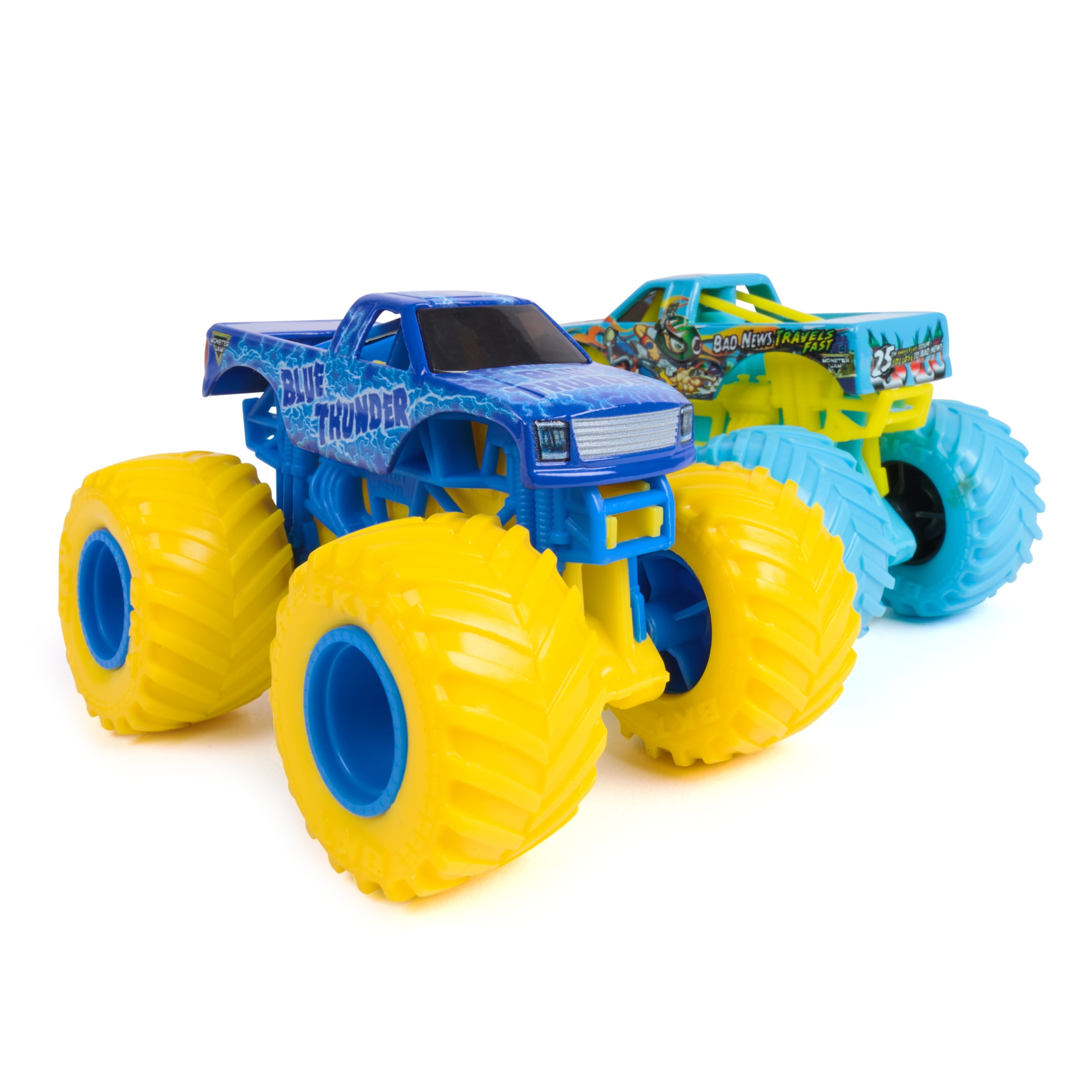 Monster Jam, Blue Thunder Vs. Bad News Travels Fast Die-Cast Monster Trucks, 1:64 Scale, Kids Toys for Boys Ages 3 and up