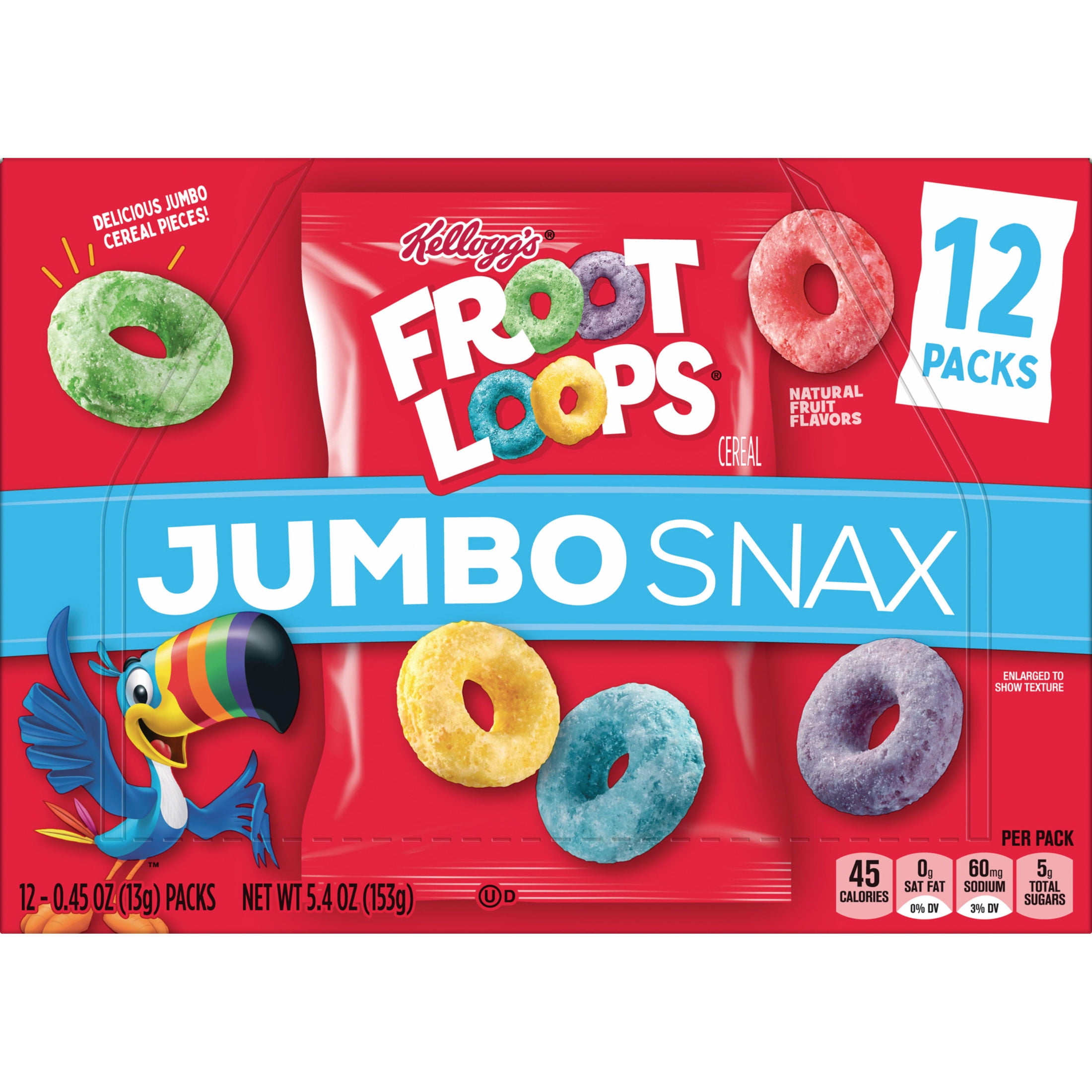 Kellogg's Jumbo Snax Froot Loops Original Cereal Snacks, Kids Snacks, 5.4 oz, 12 Count