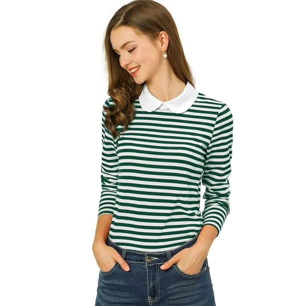 Blusa de rayas Allegra K Peter Pan Verde XS para mujer