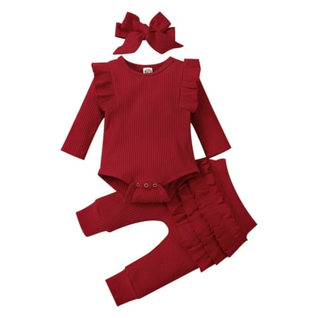 

Newborn Infant Baby Girls Clothes Ribbed Bodysuit Pants Set Fall Winter Outfits Wine Red