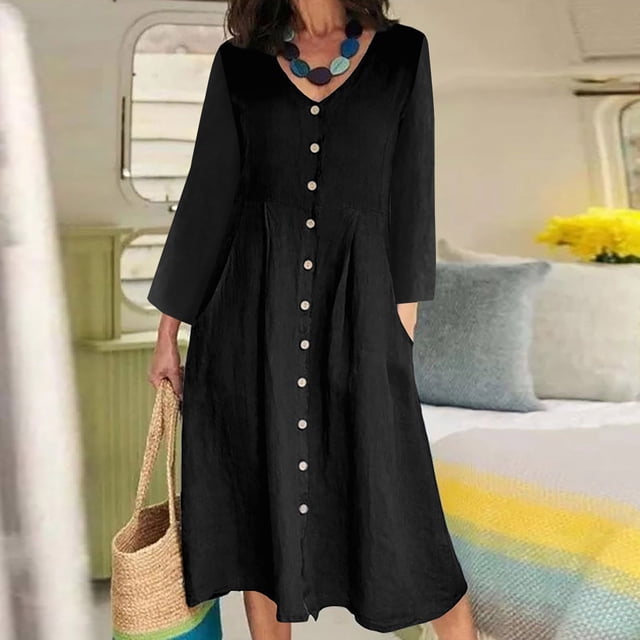 Gspmoly Robes d'Été pour Femmes, Mode Femmes Robe à Col en V Uni à Manches Longues Boutonnée Décontractée Longueur Genou Robes d'Été pour Femmes Économies