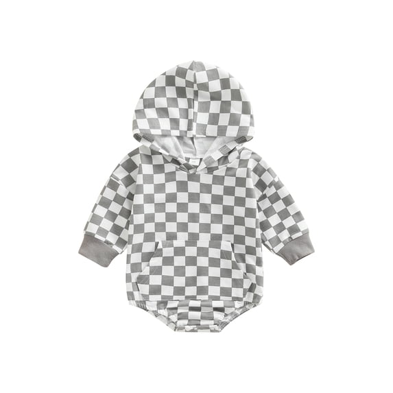 Baby Boy Hooded Long Sleeve Romper with Checkerboard Print, Color Matching Spring Clothing