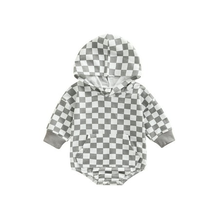 

Binpure Baby Boy Hooded Long Sleeve Romper with Checkerboard Print Color Matching Spring Clothing