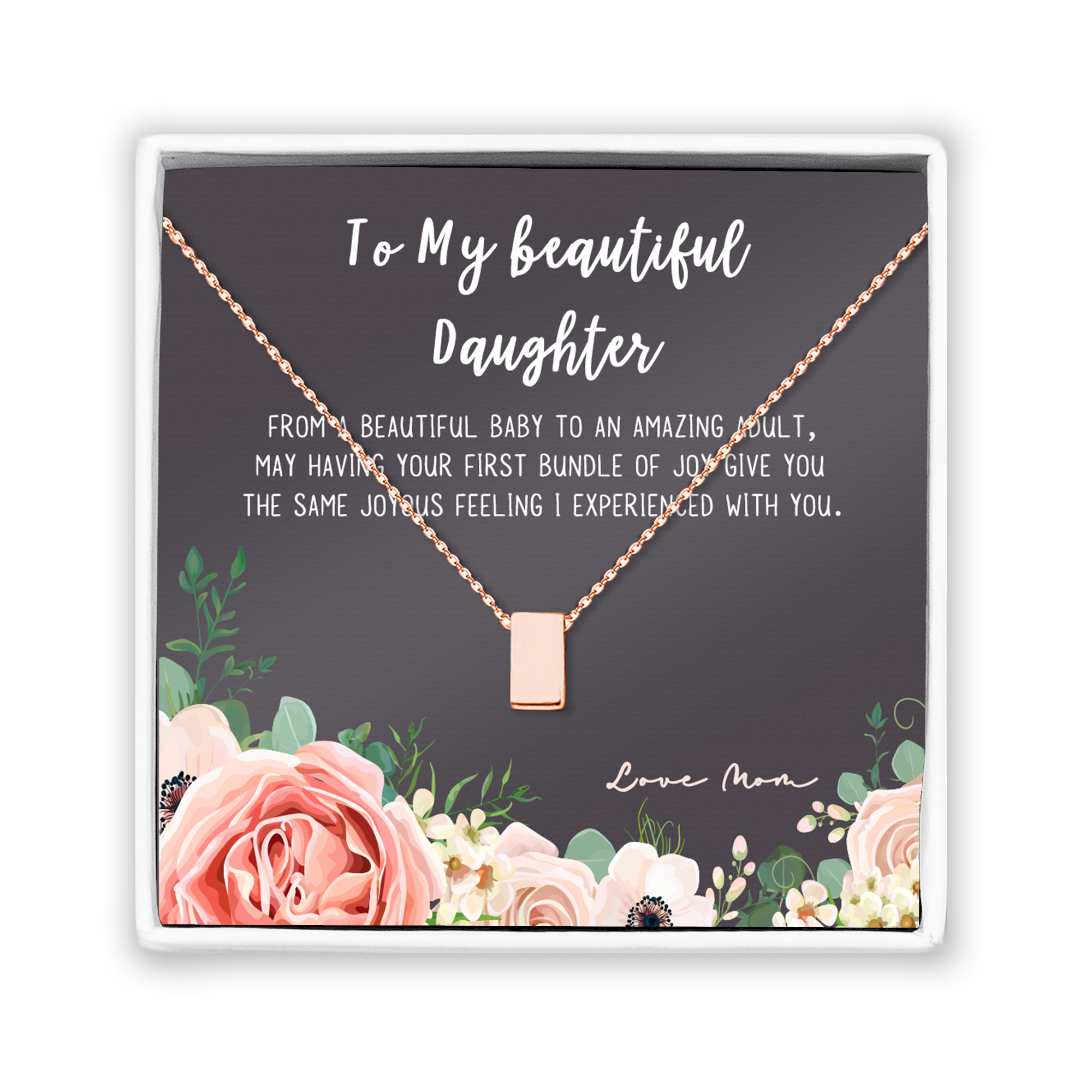Daughter Mother's Day Card Necklace - Two Silver Infinity Double Circles, Mothers Day Card Necklace, New Mom Mother's Day Jewelry Birthday Gift [Rose Gold Cube, No-Personalized Card]