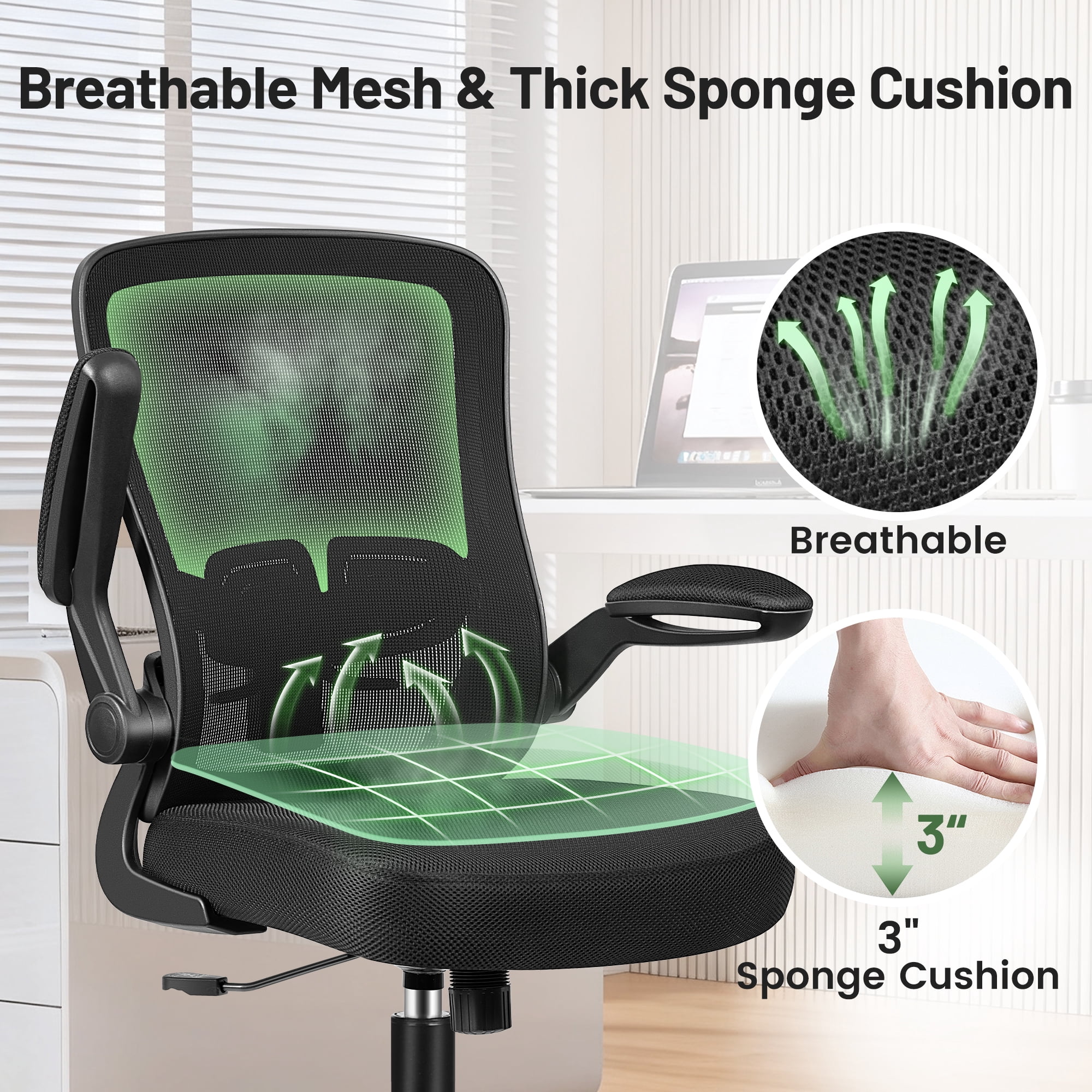 ATHOPE Office Chair, Ergonomic Desk Chair Breathable Mesh Home Office Chairs Adjustable High Back Lumbar Support Flip-up Armrests, Executive Rolling Swivel Comfy Computer Chairs Black