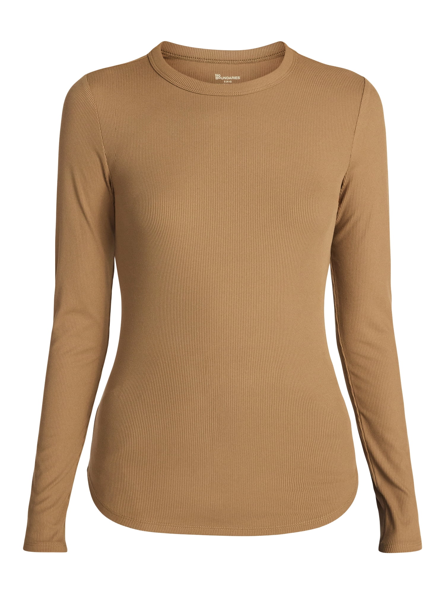 No Boundaries Crew Ribbed Tee with Long Sleeves, Women's XXS-XXL