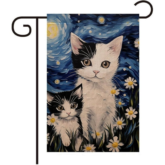 Black White Cat Garden Flag Spring Summer Garden Flag 12 x 18 Inch Double Sided for Outside Small Welcome Cat Burlap Floral Yard Flag Garden Flower Flags Decoration