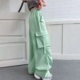 thumbnail image 6 of CPNG Girls Casual Cargo Jeans Teen Girls Wide Leg Straight Solid Color Pants Daily Elastic High Waisted Denim Trousers(Mint Green,11-12 Years), 6 of 8