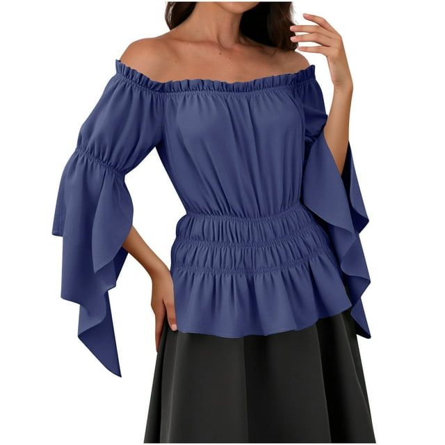 BLVB Womens Renaissance Blouse Tops Smocked Waist Medieval off Shoulder Ruffle 3/4 Sleeve Shirt Peplum Tops