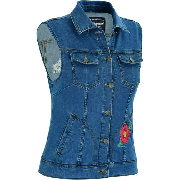 Daniel Smart Women's Denim Vest Unique Raw Blue Motorcycle Vest with Snap collar & Multipurpose Pocket