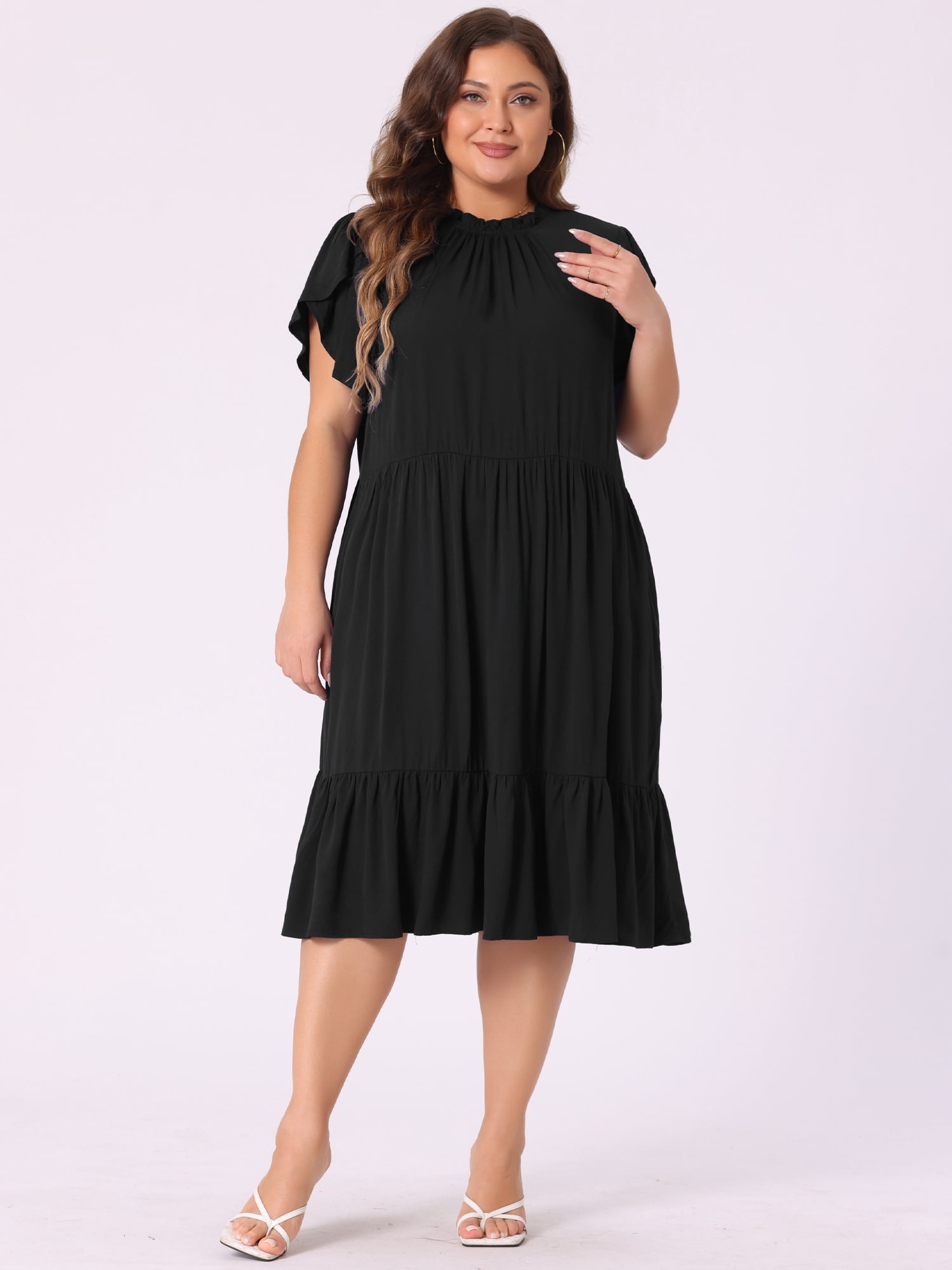 DARING DIVA Women's Plus Size Elegant Tie Back Boat Neck Midi Length Dress 2X Black