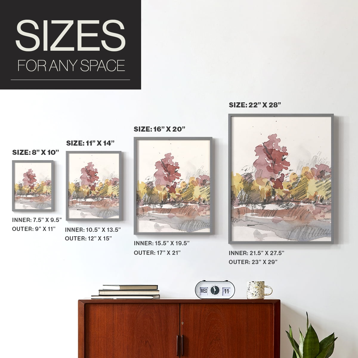 Watercolor Treeline Sketch I Framed Print in Gray Solid Wood 11 x 14 Framed Print