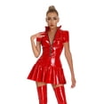 thumbnail image 4 of Vestido de látex con efecto mojado para mujer, vestido ajustado tipo minivestido con cuello alto y cremallera, falda de charol con volantes y manga larga, 4 of 5