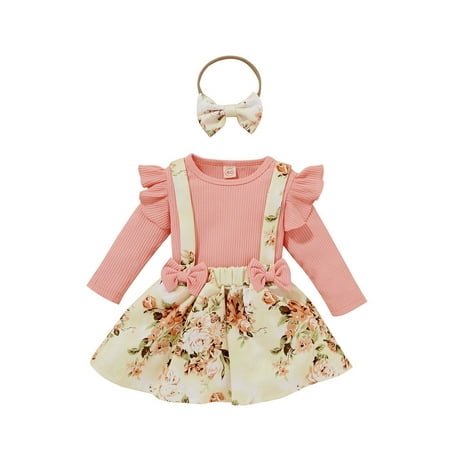 

elfinBE Infant Baby Girl Long Sleeve Top Floral Printed Halter Skirt And Hairband Three-piece Set 3-24M