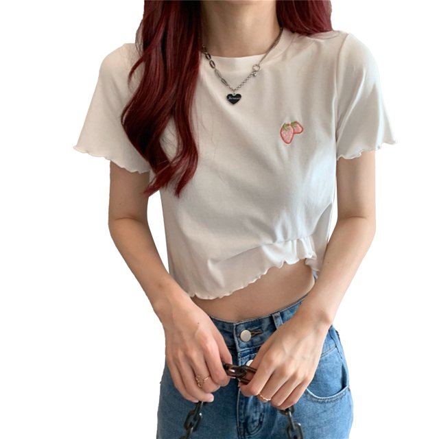 Haut à Manches Courtes à Volants, Femmes Manches Courtes Col Rond Chemise Brodée Manches Courtes Col Rond Haut Conçu pour les Professionnels