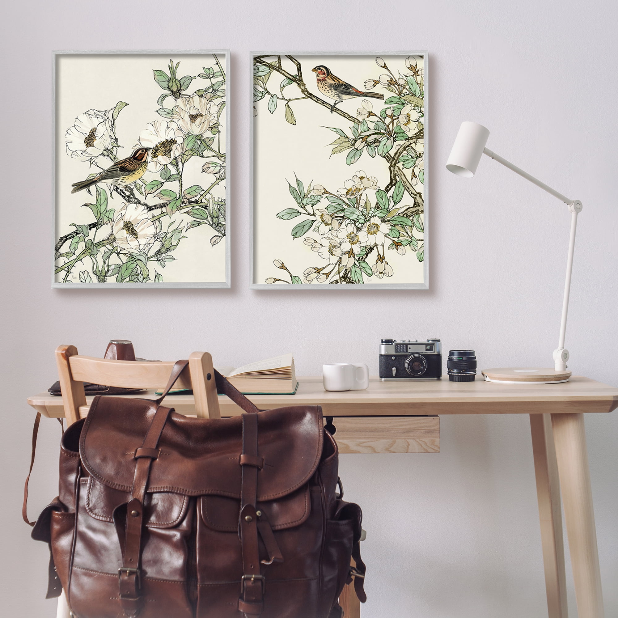 Stupell Industries Classic Sparrow on Blossoms Animals & Insects Painting Gray Framed Art Print Wall Art, 24 x 30, Set of 2