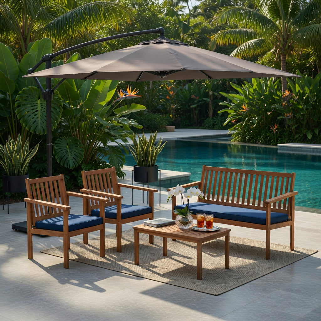 Hommoo 4-Piece Acacia Wood Patio Furniture Set, Cushioned Loveseat, 2 Chairs, Coffee Table for Backyard, Poolside & Porch, Navy