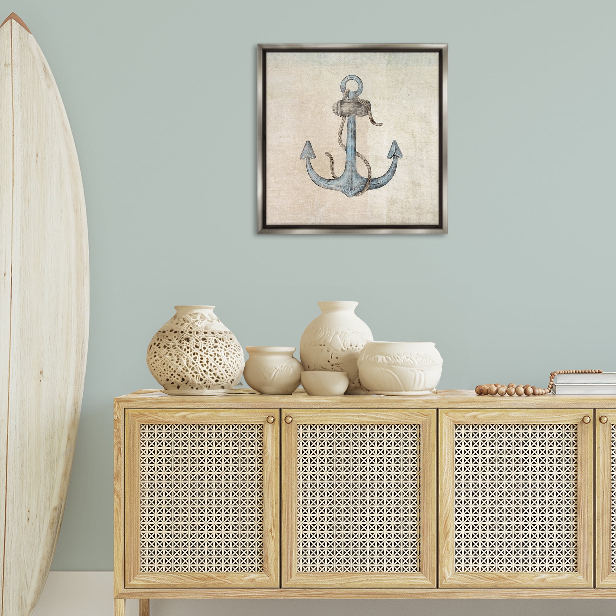 Stupell Industries Rustic Maritime Anchor Nautical & Beach Painting Gray Floater Framed Canvas Art Print Wall Art, 25 x 25