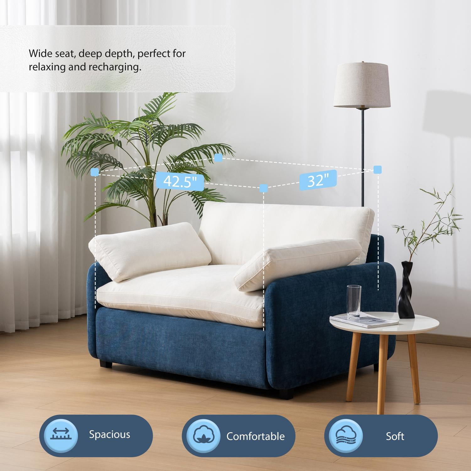 50" Oversized Single Sofa Chair,Chenille Accent Chair,Modern Upholstered Comfy Armchair with Pillows for Living Room,Apartment,Bedroom,Blue