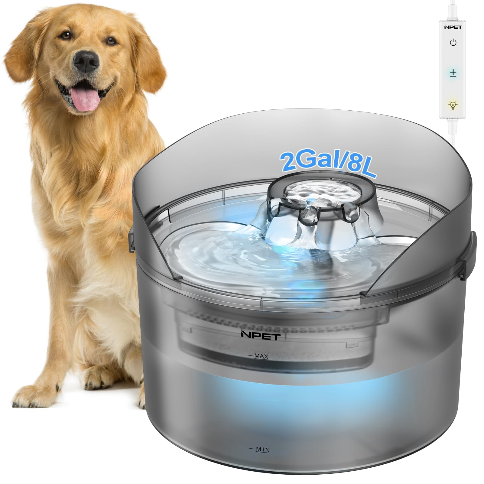 Large Dog Water Fountain 2 Gallon 270oz 8L Automatic Dog Water Bowl Dispenser with Adjustable Flow LED Cat Water Fountain with Splatter Guard Walmart
