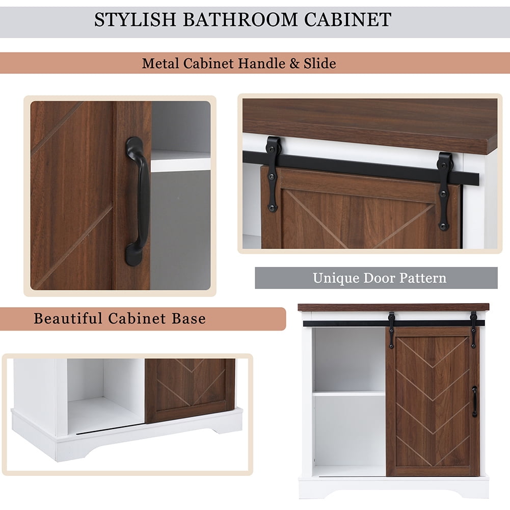 Resenkos Freestanding Bathroom Storage Cabinet,Brown Sliding Barn Door, Thick Top, Adjustable Shelf, White and Brown Resenkos Freestanding Bathroom Storage Cabinet,Brown Sliding Barn Door, Thick Top, Adjustable Shelf, White and Brown