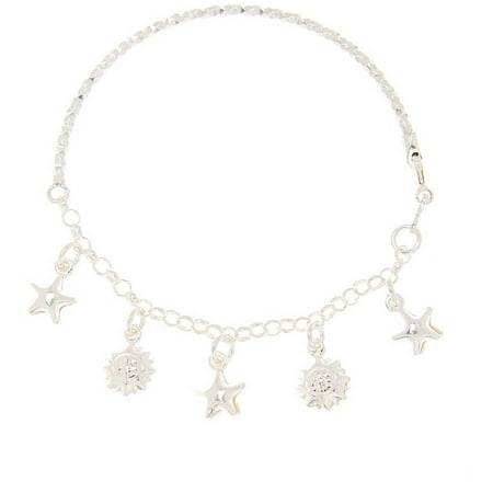 Pori Jewelers Sterling Silver Half Diamond-Cut Bangle Star and Moon Charm Bracelet, 6