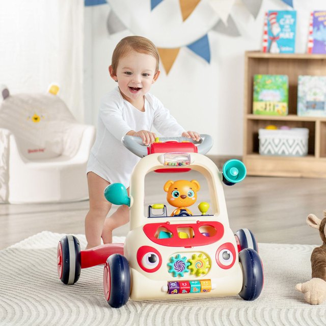 Andador 2 en 1 para Niños Caminador de Empuje con Panel Juguete Multifuncional Música Luces 4 Ruedas Educativo 56 x 46 x 42 cm