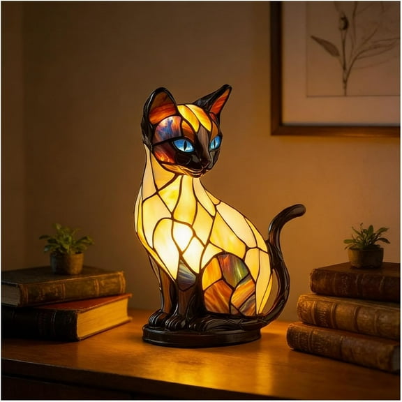 Lumacat Lamp, Cat Lamp Stained Glass, Vintage Resin Animal Lamps Tabletop Night Light, for Living Room Bedroom Home Office Decor, for Cats Lovers