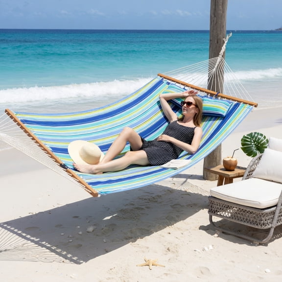 Resenkos Foldable Portable Patio Hammock Swing Chair Bed with Detachable Pillow – Lightweight Outdoor Hammock for 1-2 People, Beech Wood Spreader Bars & Quick-Dry Polyester Fabric