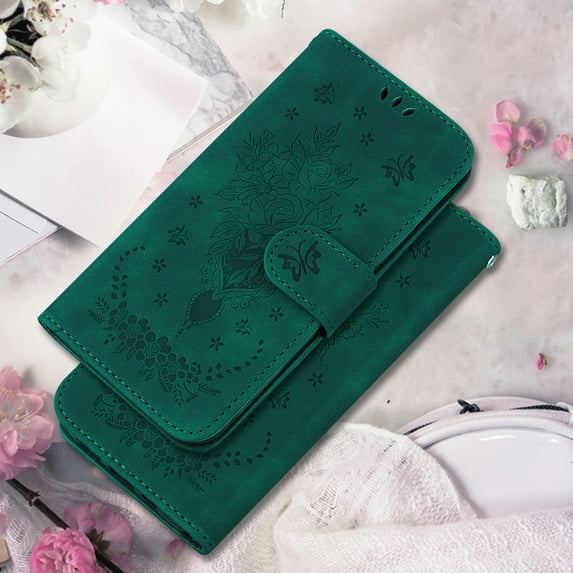 TECH CIRCLE for Motorola Moto G Play 2021 Flower Embossed Case,Luxury PU Leather Flip Wallet with Wirst Strap Stand 360 Protection Cover.For Moto G Play 2021,Green
