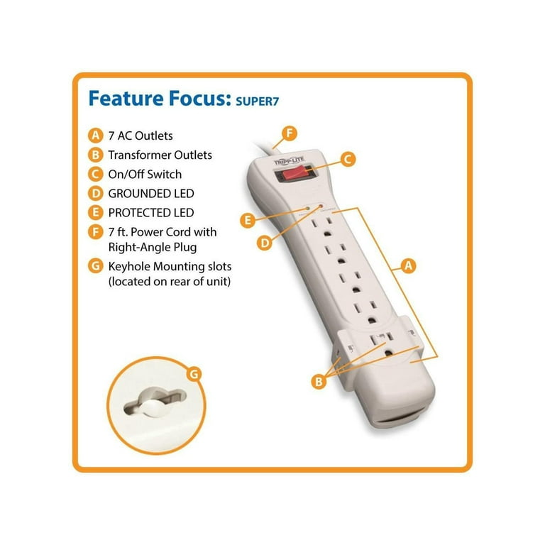Protect It! Surge Protector, 7 AC Outlets, 7 ft Cord, 2,160 J, Light Gray Protect It! Surge Protector, 7 AC Outlets, 7 ft Cord, 2,160 J, Light Gray