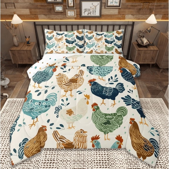 jejeloiu Colorful Chicken Bedding Comforter Set,Boho Print Twin Comforter Sets,Retro Farm Lodge Bedding Set,Super Cozy Room Decor Reversible,2 Pieces