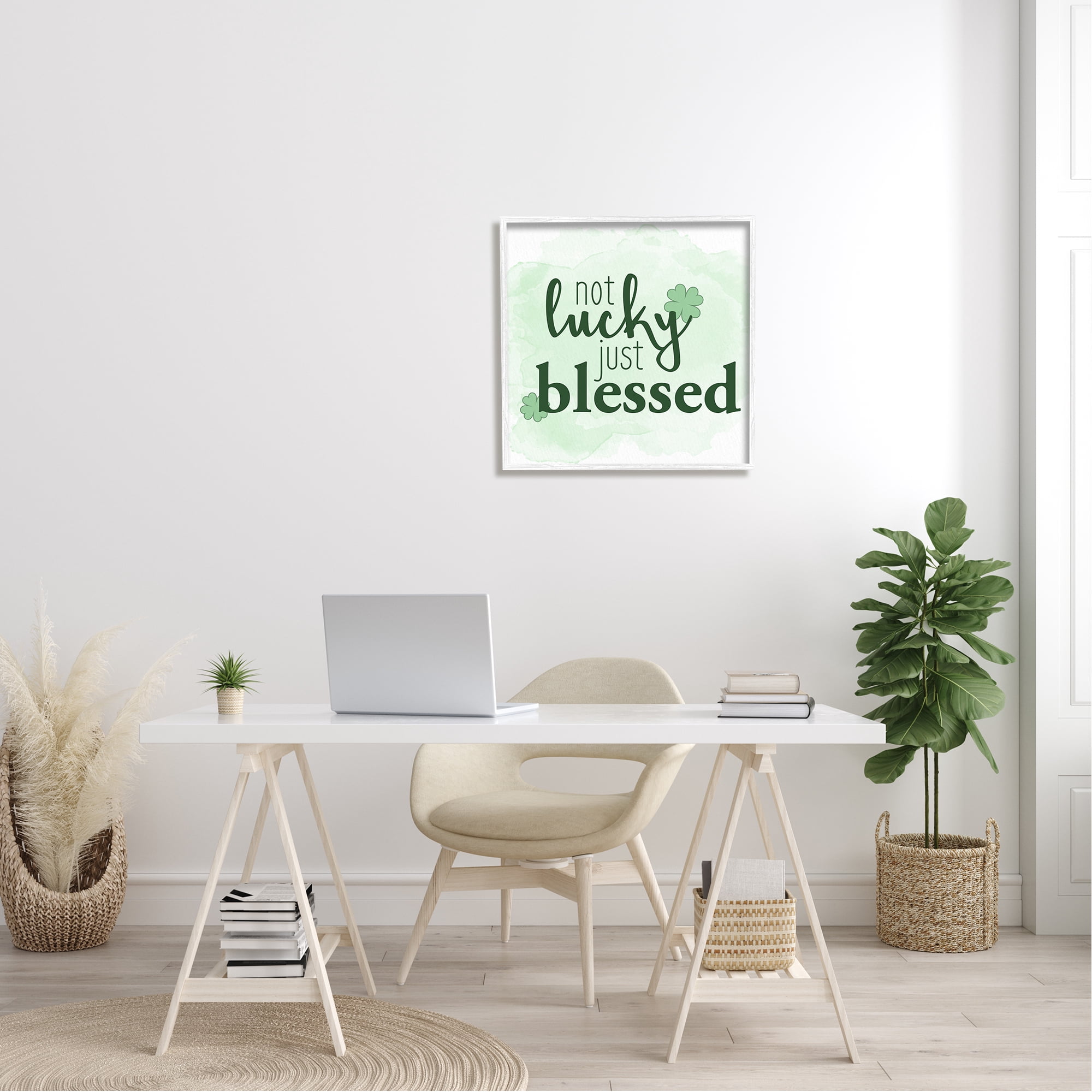 Stupell Not Lucky Just Blessed Green Shamrocks Holiday Painting White Framed Art Print Wall Art