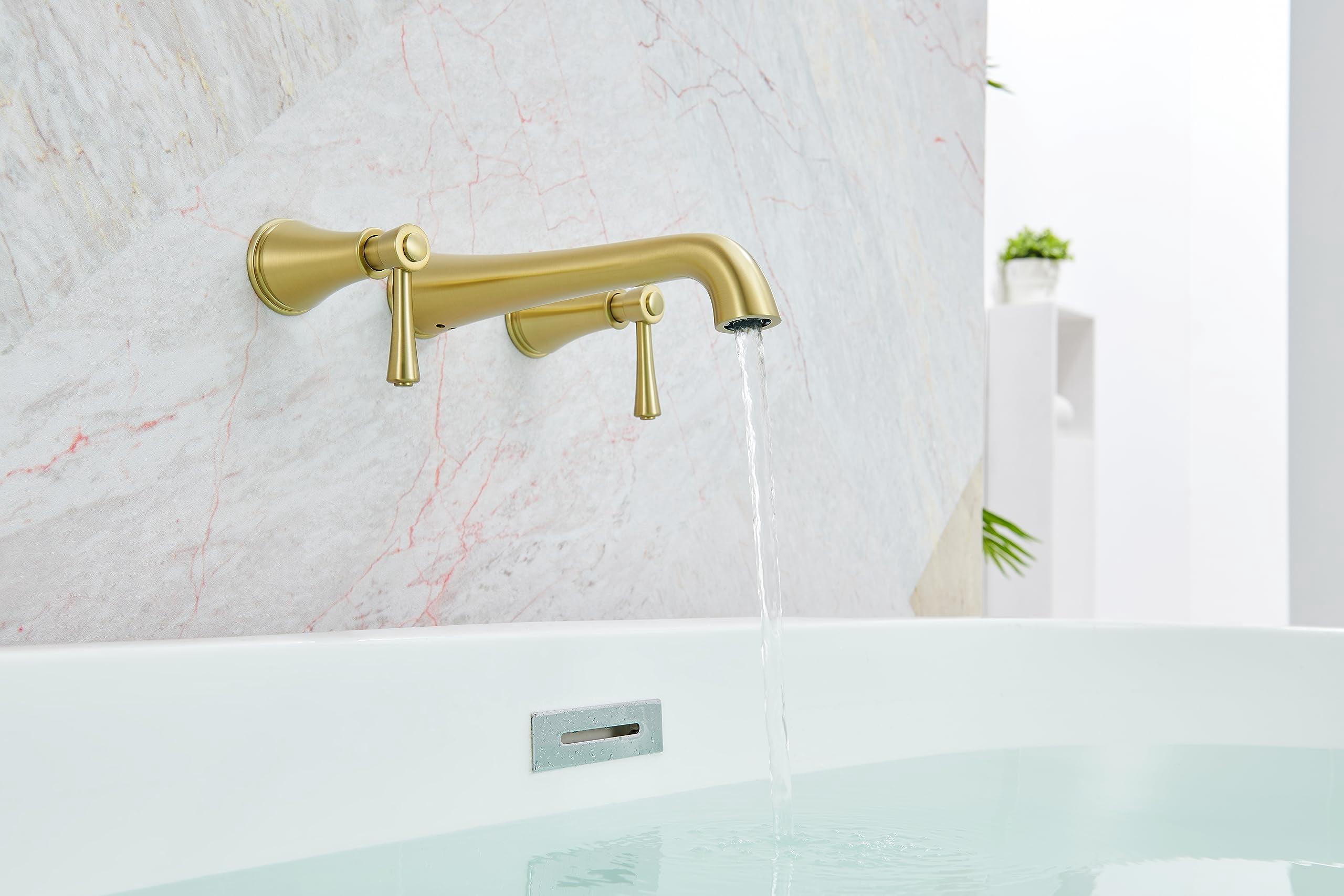 Wall Mount Bathtub Faucet Brushed Gold Solid Brass Extra-Long 10.5" Spout Reach