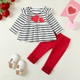 thumbnail image 2 of KIMI BEAR Newborn Baby Girls Outfits 6-9 Months Winter Sprint Clothes Sets Ruffle Long Sleeves Pullover Top Striped Heart Print Top Solid Color Pants Sets Red, 2 of 8