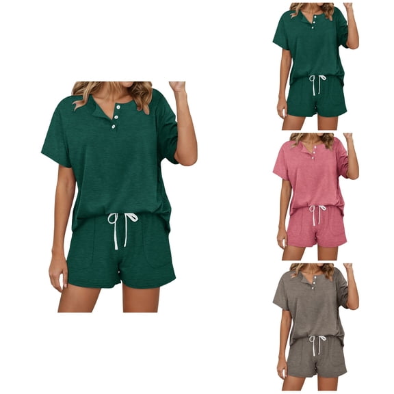 Women's Solid Color Short-Sleeved Casual Set, Button-Down V-Neck Top & Drawstring Tie-Up Shorts, 2-Piece Loose Lounge Outfit with Pockets – Summer Sportswear