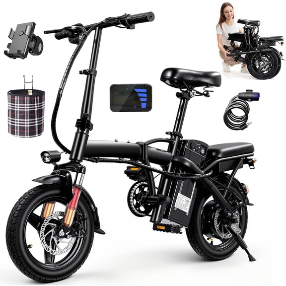 14 Inch Foldable Adult Electric Bicycle, 48V 10Ah 560W Motor, 3-Speed Gearing, Dual Spring Shock Absorbers, Front and Rear Led Safety Lights, Portable Design