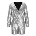 thumbnail image 4 of Pxkloy Women's Sequin Romper Party Clubwear Shiny Wrap V Neck Shorts Jumpsuit Glitter Sparkly Long Sleeve Disco Dance Outfit Silver,L, 4 of 5
