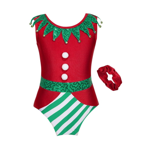 MSemis Kids Girls Christmas Elf Ballet Dance Gymnastic Leotard with Headband Outfit Red 8