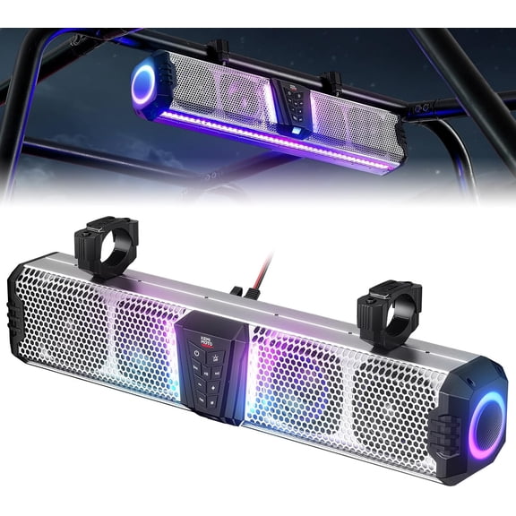 KEMIMOTO Midnight S60 26 inch UTV Sound Bar IP66 Metal-Built Synced Multicolor Lights Bluetooth Soundbar for UTV ATV Golf Cart Marine Boat fits 1"-2" Roll Bar
