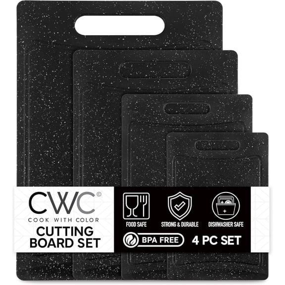 COOK WITH COLOR Cutting Boards for Kitchen, Non-Slip Easy Grip Handle Set for Meat, Veggies, and Fruits, 4 Cutting Boards, Black