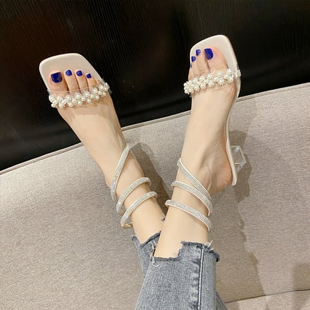 

Women‘s Faux Pearl & Rhinestone Clear Block Mid Heels Square Toe Ankle Strap Sandals Prom Shoes