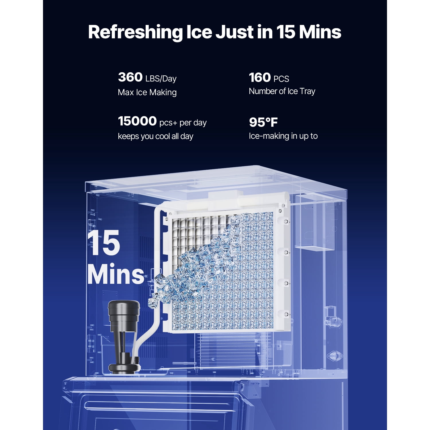 KFFKFF 360LBS/24H Commercial Ice Maker Machine with 300LBS Large Storage Bin Freestanding/Built-In, Stainless Steel Clear Ice Cube Maker LCD Panel