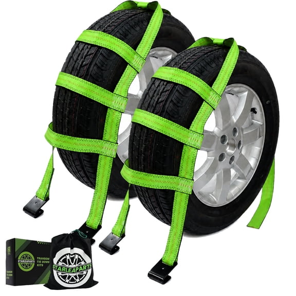 STARLEAPARTS 2-Pack Green Tow Dolly Tire Straps, Flat Hook, 10000 lbs Breaking Strength, fits 14"-17" Tires with Storage Bag