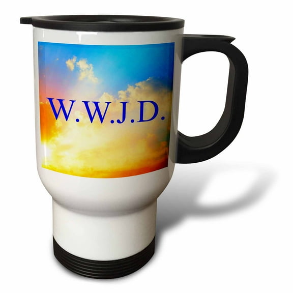 3drose, Wwjd, Blue Lettering on Sky Background Picture, 14oz Stainless Steel Travel Mug