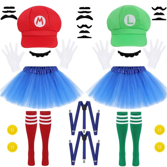 GOBWCOT Double Set Plumber Costume for Adults Duo Outfit Red Green Hats Kit Couples Halloween Costume Set for Men Women